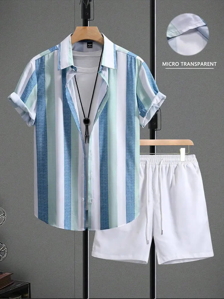 Summer Men's Shirt Shorts Two-piece Set Printed Casual Suit Men Short Sleeve Shirt Street Hawaiian Beach Shorts Outfits