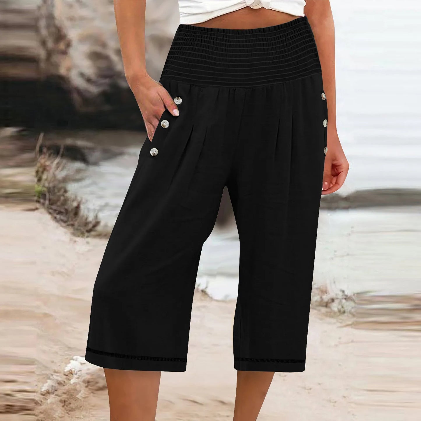 Women Cropped Pants Cotton Linen Baggy Trousers Drawstring Elastic Waist Solid Straight Pants