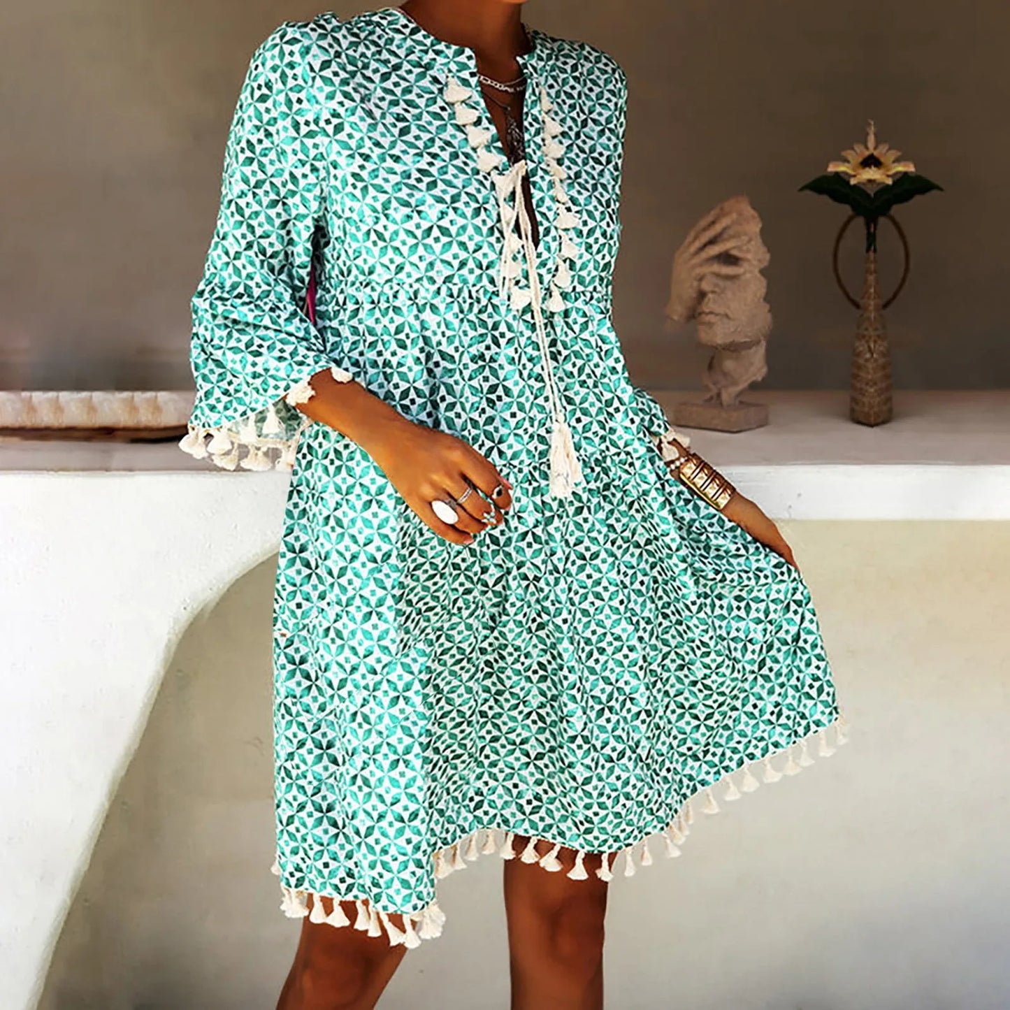 Ladies Lace Trim V Neck Short Sleeve Loose  Dress with Pockets Fashion Women Summer Casual Bohemian Print Dress