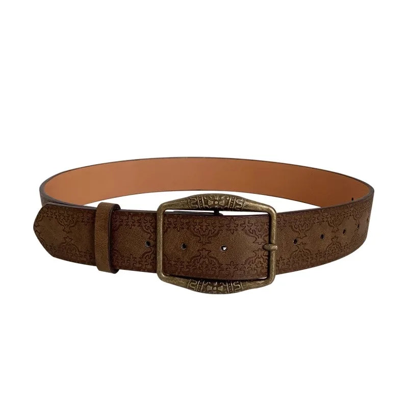 1pc Brown Floral Embossed Belt, Vintage American Style, Casual Ethnic Artisan Leather Belts