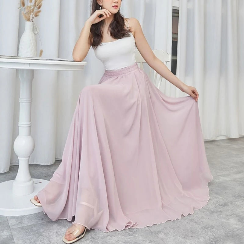 Pleated High Waist Chiffon Long Skirt