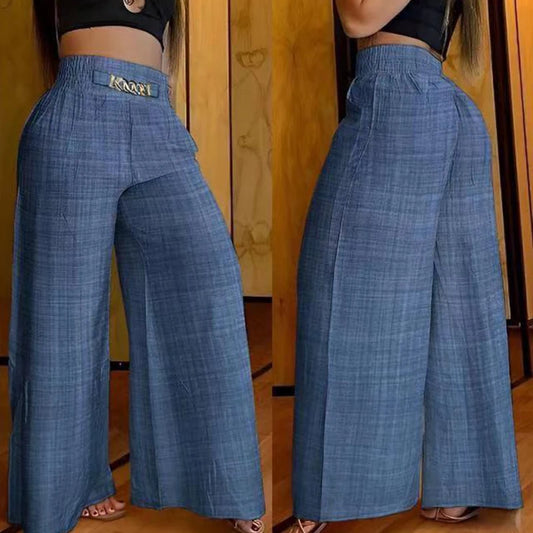 High Waist Solid Color Wide Leg Pants Summer Chic Loose Elegant Metal Flared Pant Office Straight Women Trousers