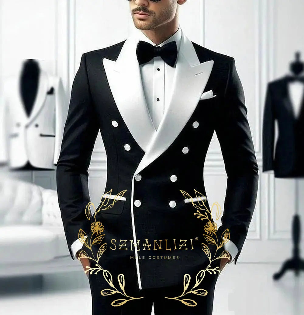 Latest Design Houndstooth Jacket Men‘s Suit Set Brown Pant Peaked Lapel Double Breasted Blazer