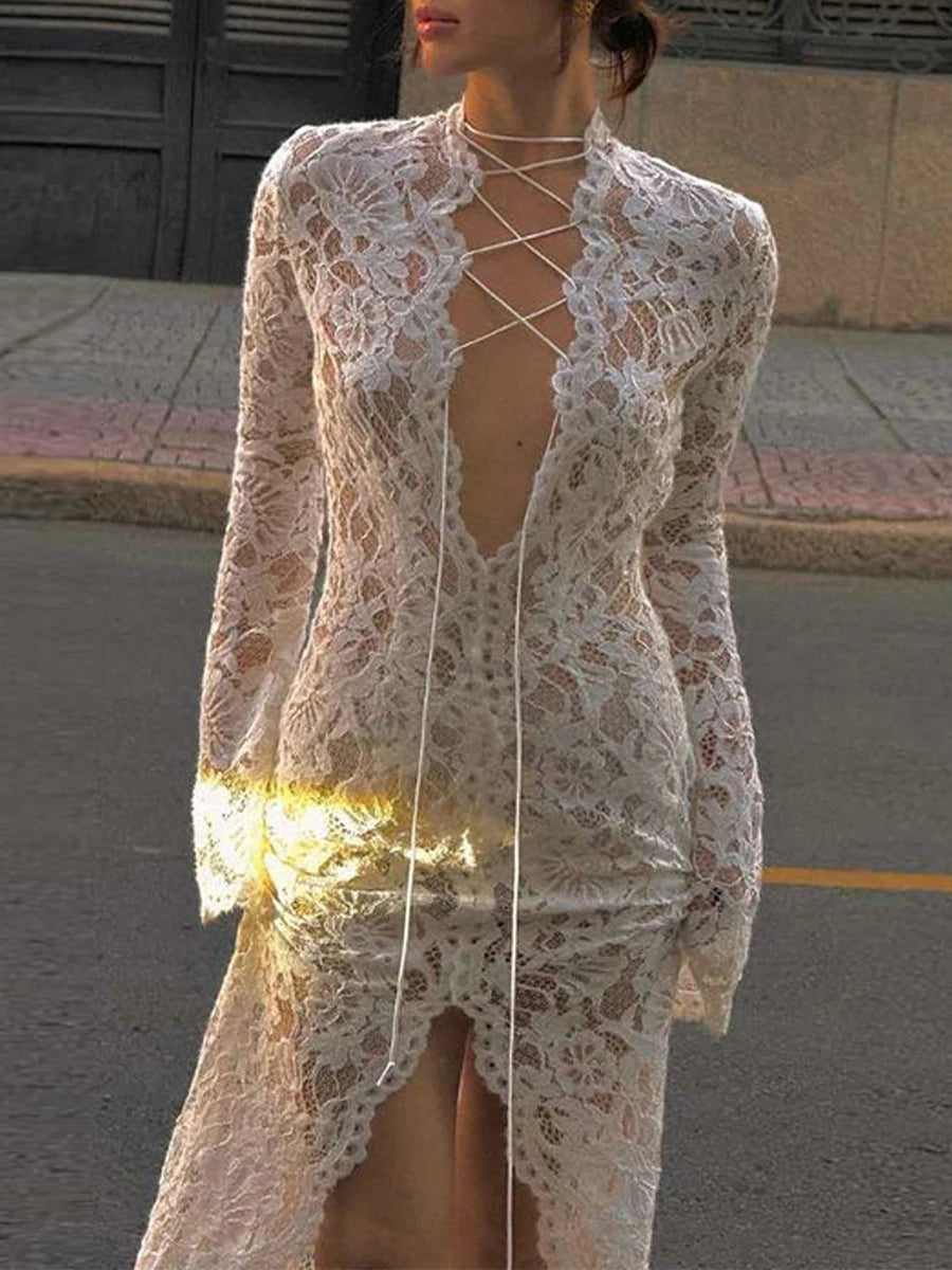 Maxi Dress with Long Sleeves Plunging V-Neckline and Floral Lace Detailing