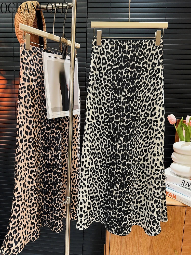 Satin Vintage Leopard  Skirt  A-line Fashion  High Waist  Mermaid Long