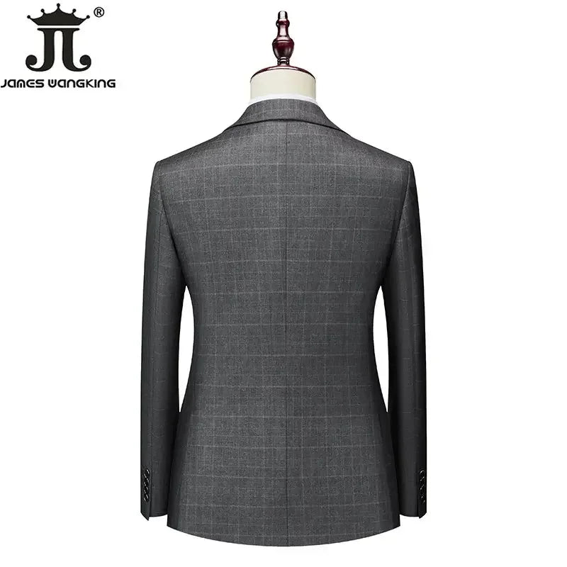 High-end Brand Classic Blue or Gray Plaid Men's Casual Business Suit Retro Official Suit Groom Wedding Dress Jacket Vest Pants