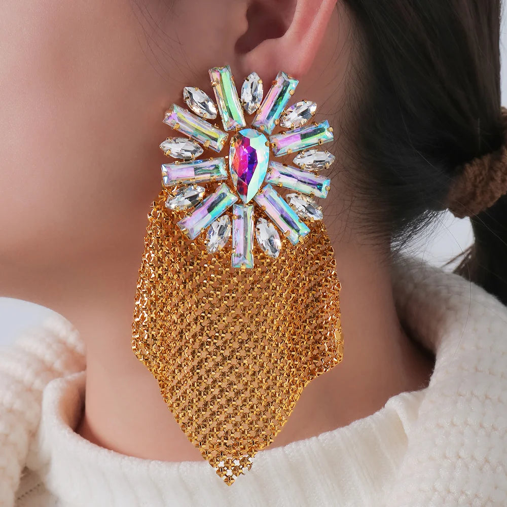 Exaggerated Rhinestone Metal Sequin Earrings  Geometric Dangle Earrings