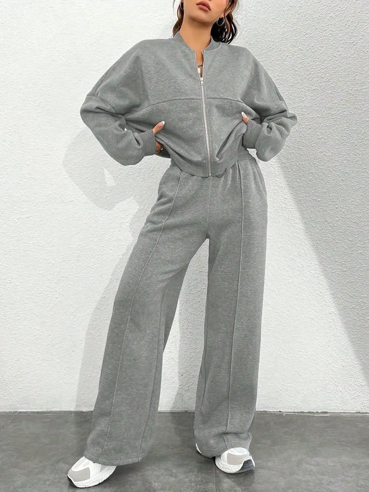 Solid Color Casual Sports Suit Long Sleeved Stand Up Collar Zipper Top and Wide Leg Pants Two-piece Set