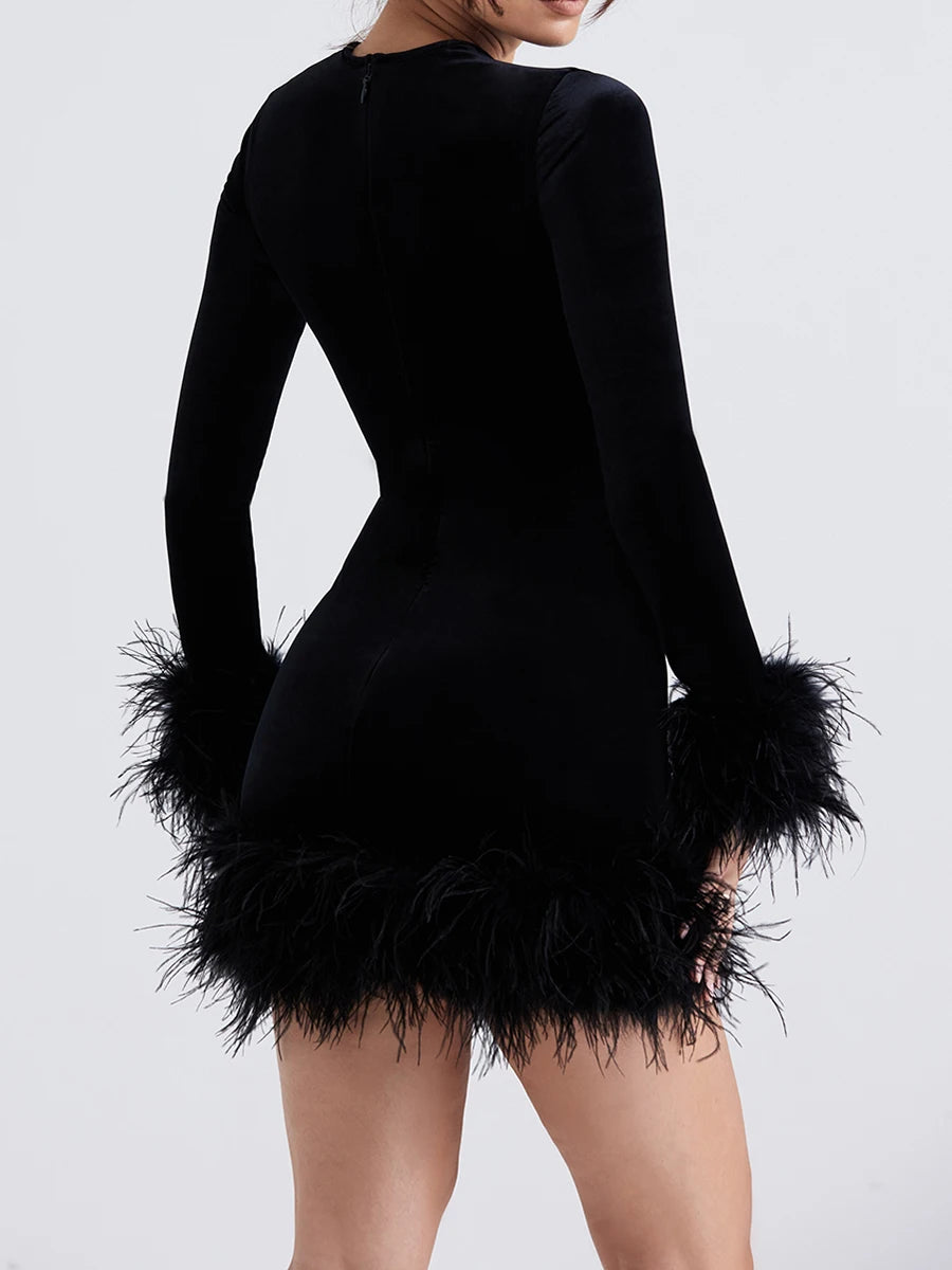 Black Feather Long Sleeve Bodycon Dress  Velvet Crew Neck  Mini Dress