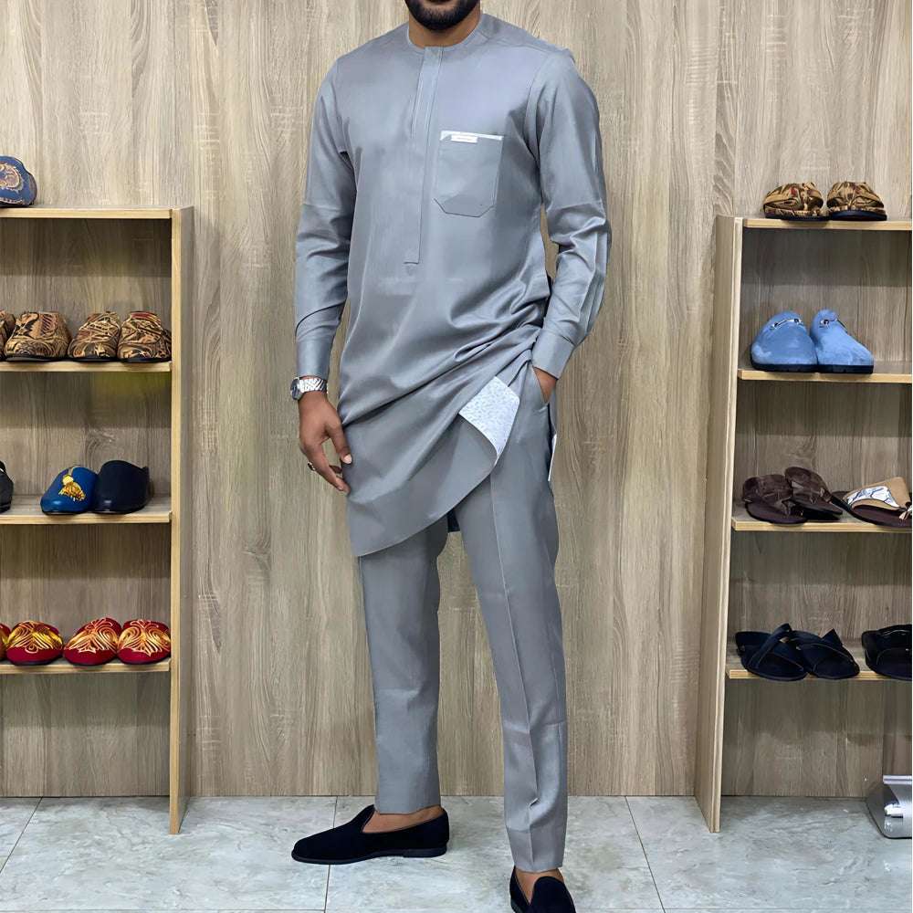 Men's  Wedding 2-Piece Suit Waist Pants Shirt Solid Color Panel Long Sleeve Party African Ethnic Style Clothing