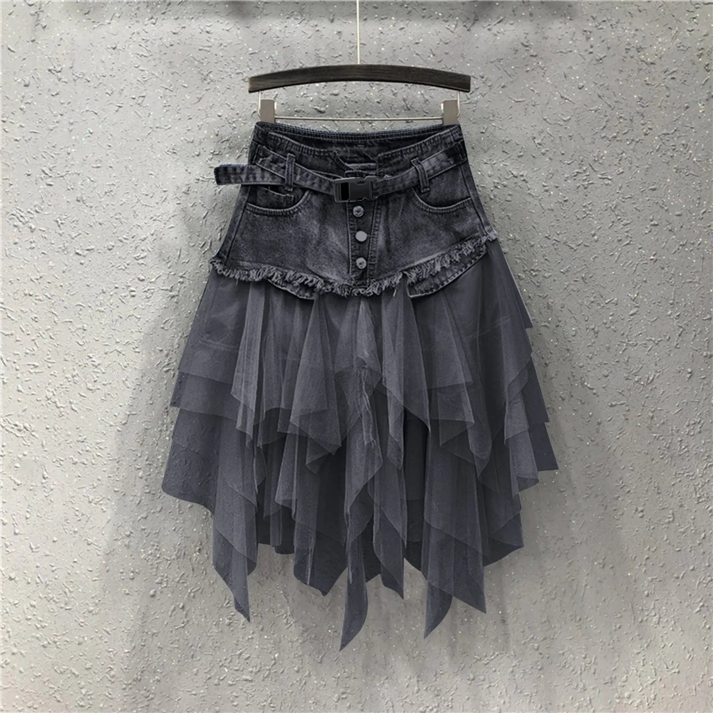 Skirt Women Aesthetic High Waist Denim Tulle Skirt Irregular Hem Belted Button Down Raw Edge A-Line Pleated Skirt