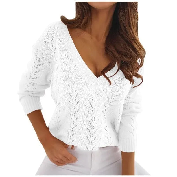 Europe and the United States cross-border autumn solid color cutout V-neck casual knitwear sweater