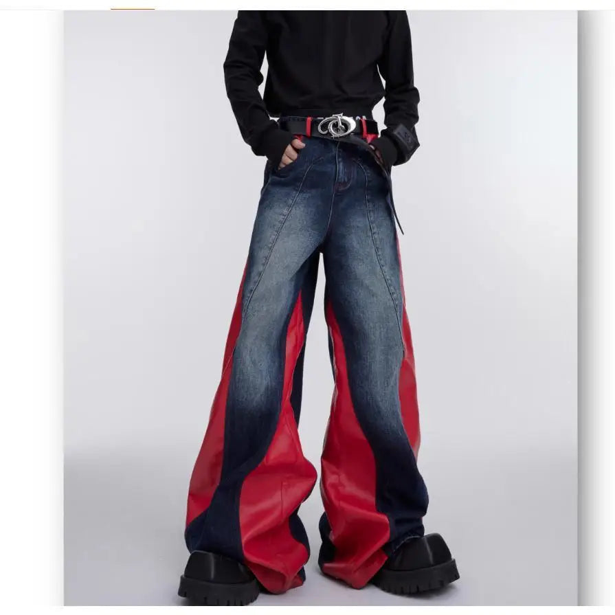Retro Washed Splicing Jeans PU Leather Baggy Jeans Straight Casual Black Denim Trousers Streetwear