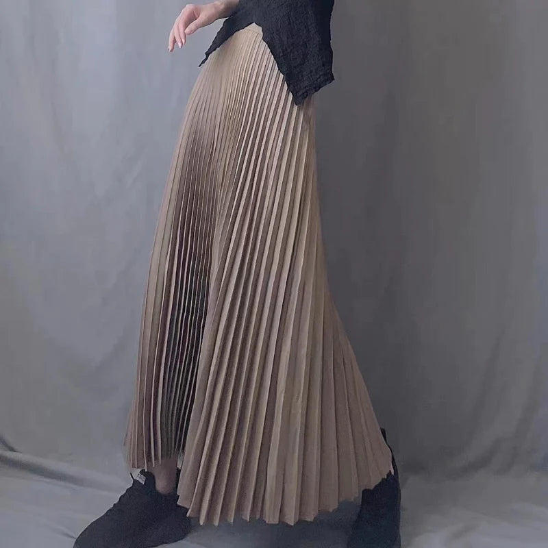 Casual Office  Pleated Skirt  Hight Waist Solid Long Skirt