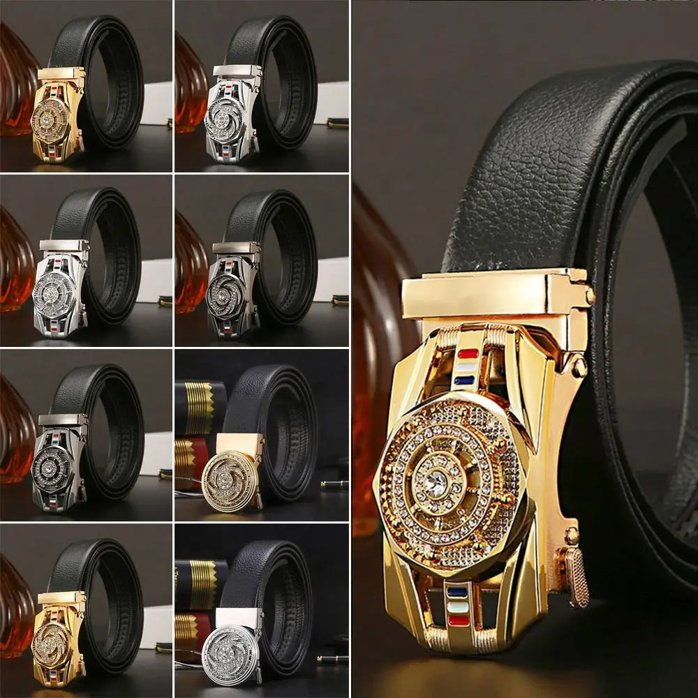 Business Time To Run Belt  Automatic Buckle Leather Belt Silver Waist Buckle Males Luxury Belt Rhinestone Decoration