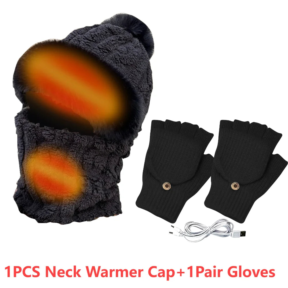 Heated Neck Warmer Cap USB Half Finger Gloves And USB Electric Plush Beanie Hat Scarf  Ear Protection Windproof Warmer Scarf Hat