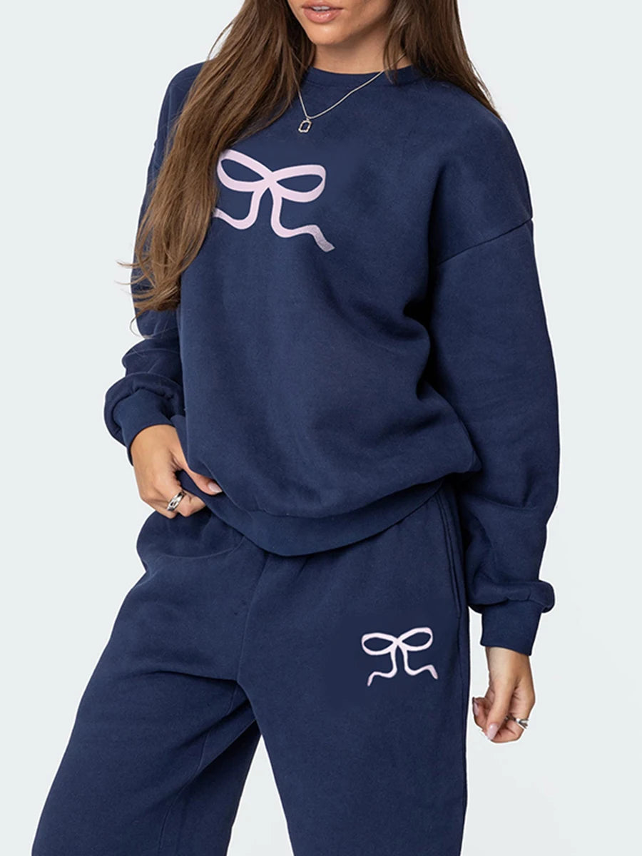 Women s 2-Piece Sweatsuit  Long sleeve O-neck and High Waist Wide Leg Pants Set Casual