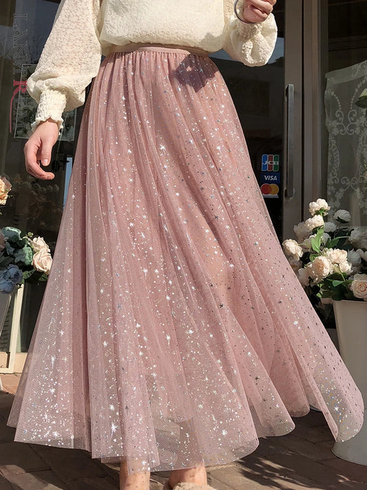 Sequin Star Gauze Skirt High Elastic Waist