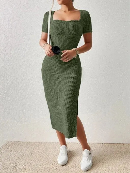 Summer Square Neck, Hip-Hugging Mid-Length Skirt, Short-Sleeved, Rib Knit Versatile Knitted Slit Dress