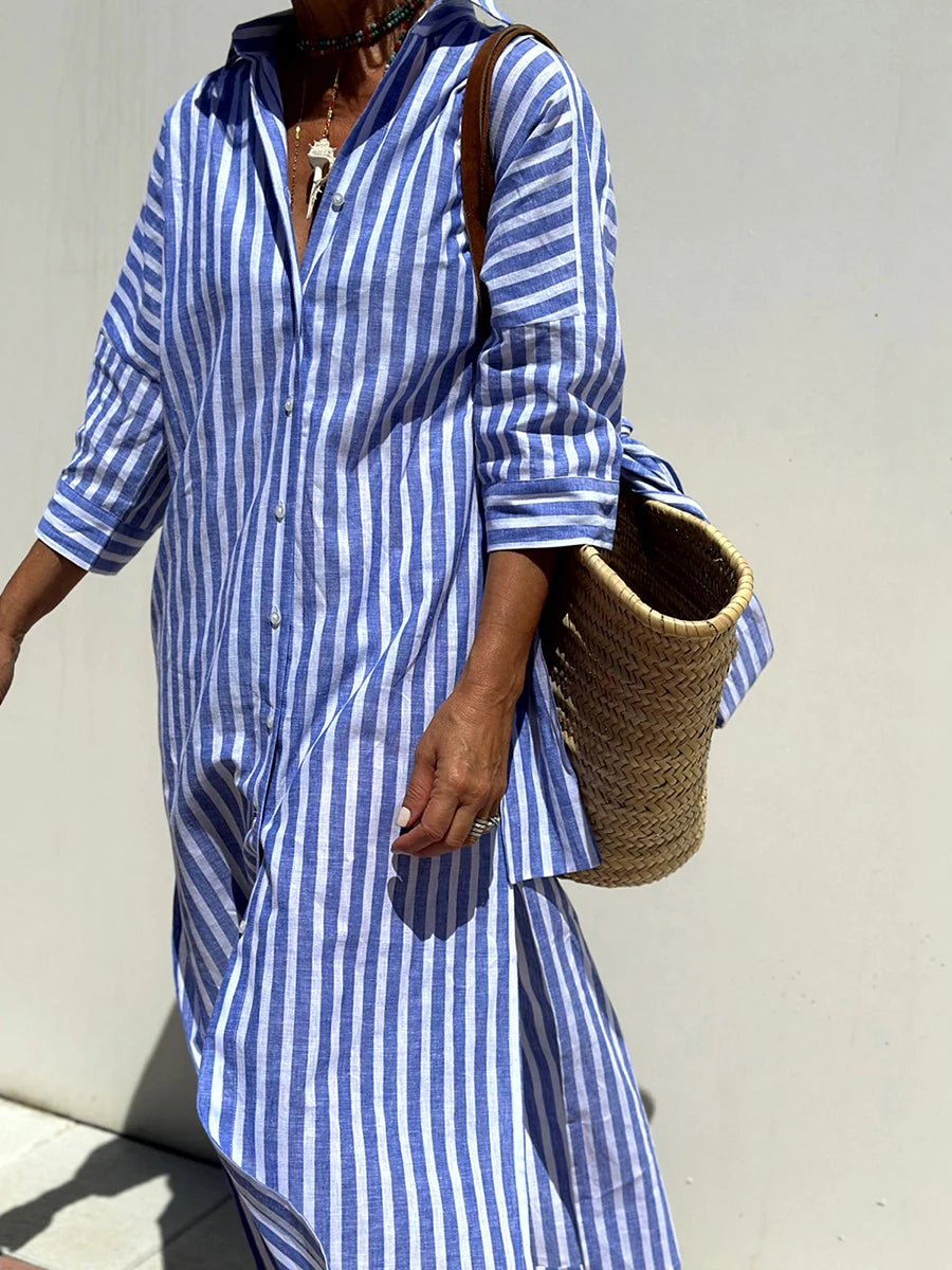 Casual V-Neck Short Sleeve Striped Button Up Midi Dress with Belt and Pockets