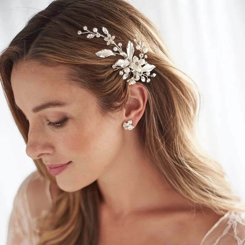 Trendy Gold Silver Color Flower Leaf Crystal Hairpin Headband Hair Accessories Headpiece Jewelry Ornaments