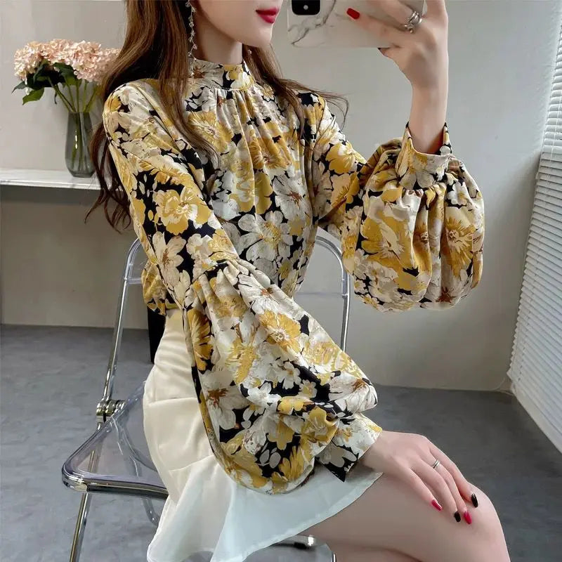 Floral Printed Lantern Sleeve Blouse Spring Autumn