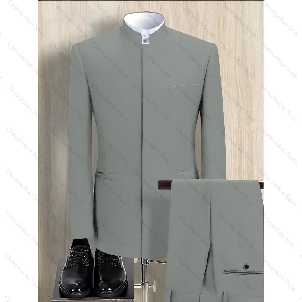 Fashion Solid Men Suits 2 Piece Stand Collar Long Sleeves Formal Outfits Chic Business Casual Wedding Tuxedo (Blazer+Pants)