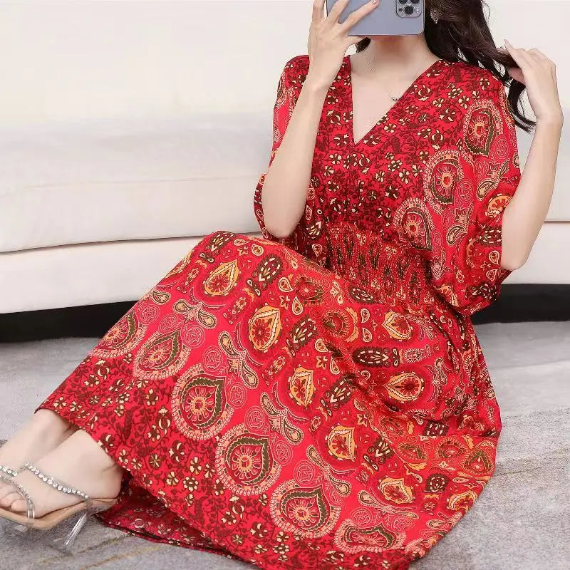 Colorful Flower V-neck Elastic Youthful Bohemian Sweet Midi Dress Woman Clothes Chic Fashion Summer Dresses