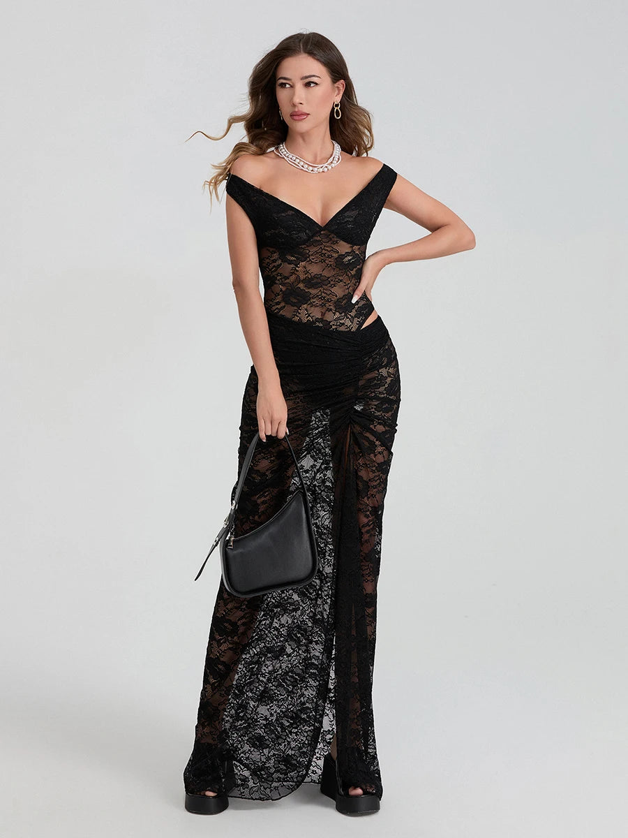 Women Lace outfit Off-shoulder Backless Romper with Pleated Long Skirt Summer Sheer Outfit for Cocktail Party