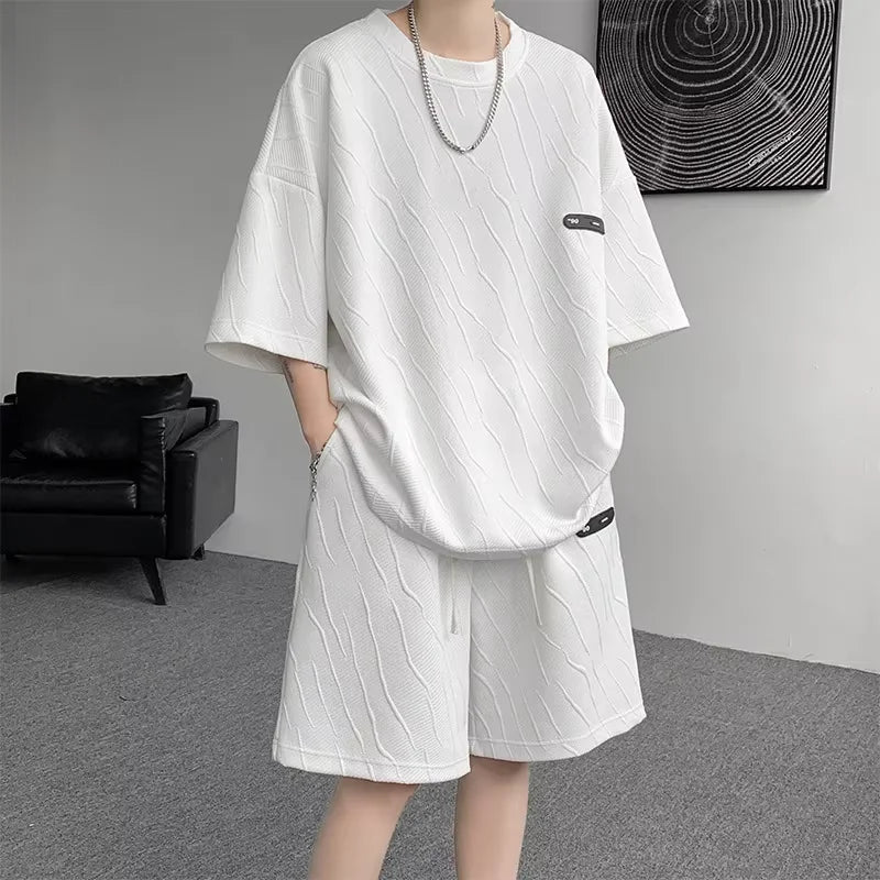 Men's sets Waffle Summer Casual T shirt  + Shorts Suit basketball Tracksuit Letter print Solid color tracksuit loose suit