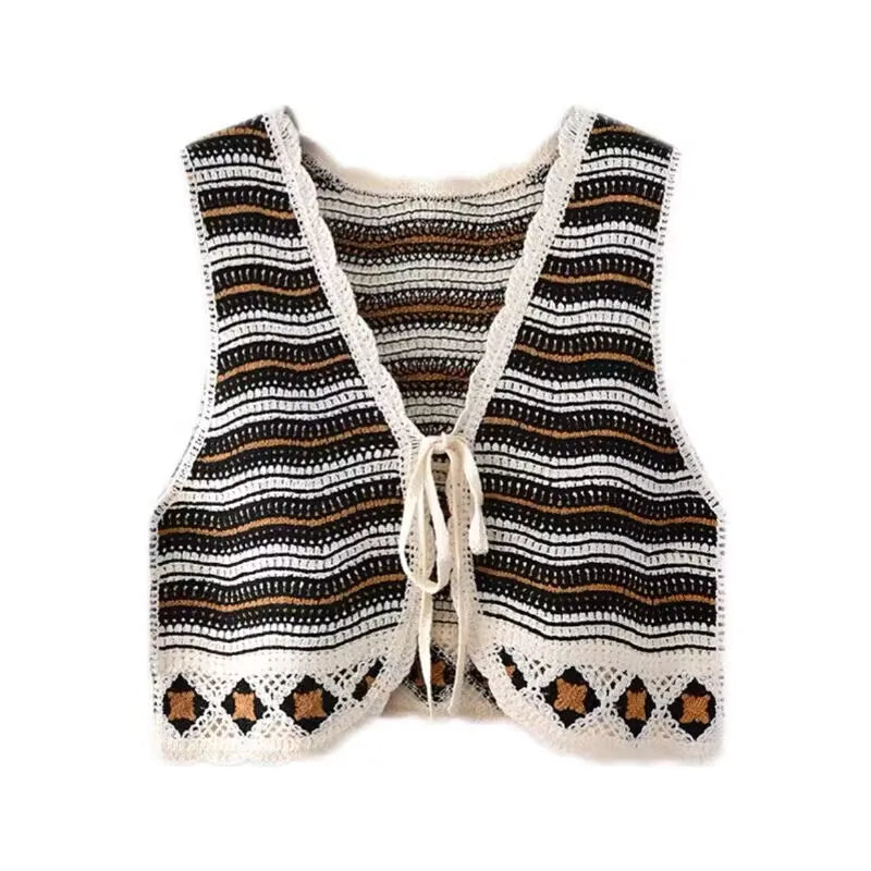 Sexy Hollow Out Knit Tank Tops Women Color block  V Neck Floral Camisole Female Beach Style Crop Top