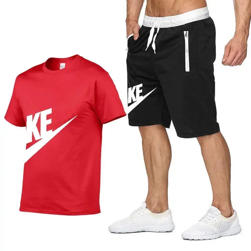 Summer men's printed round neck short-sleeved T-shirt + five-point shorts two-piece fitness sports fashion leisure suit