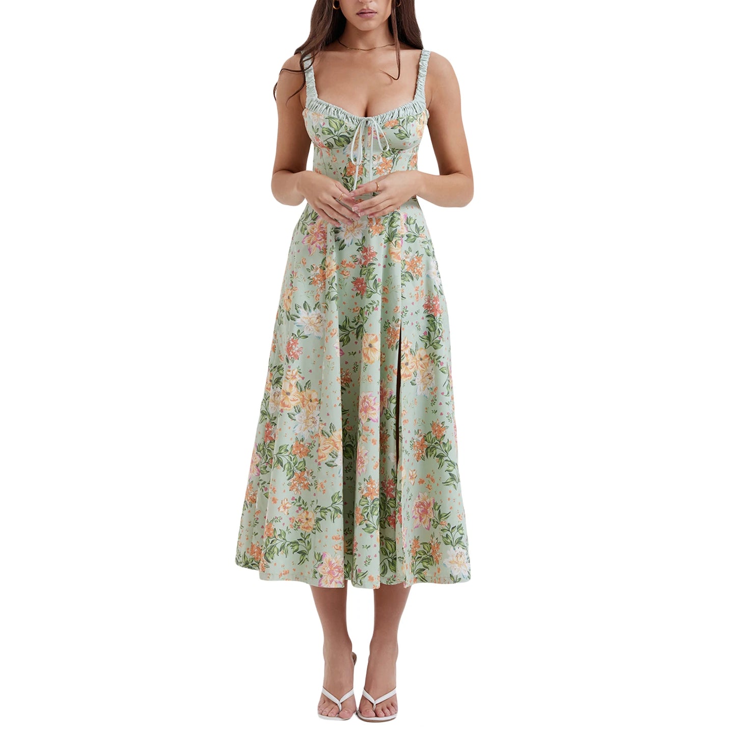 Summer Casual Midi Dress Floral Print Low-Cut Sleeveless