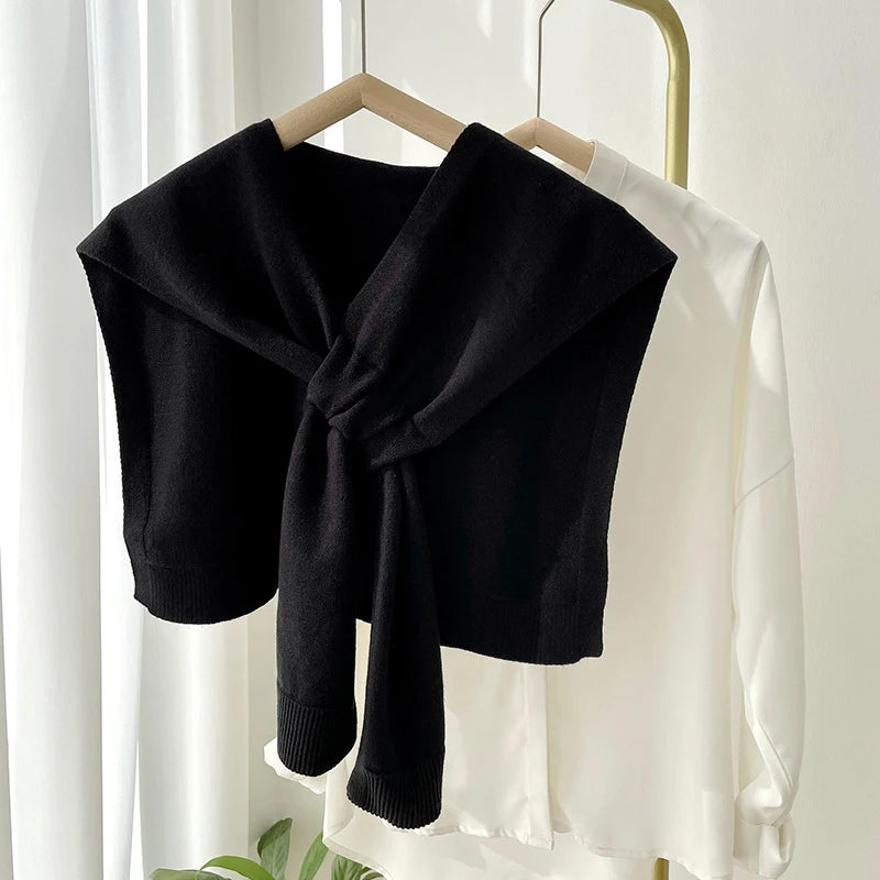 Neck Guard Scarf Solid Color Woman's Knitted Warm Shawl Winter Wool  Shoulders Fake Collar Cape Knotted Scarf