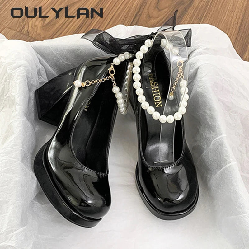 Lace Bow and pearl accent High Heels  Square Toe  Pumps Thick Heel