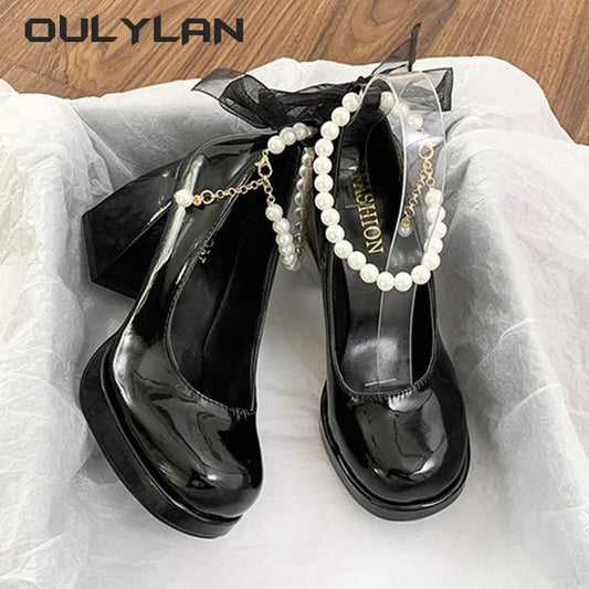 Lace Bow and pearl accent High Heels  Square Toe  Pumps Thick Heel