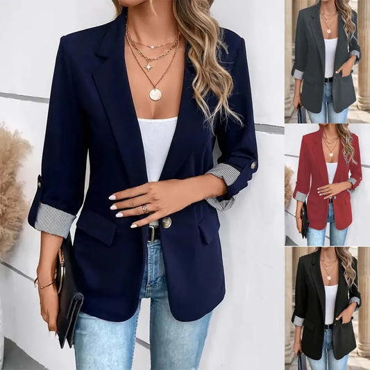 fashionable casual button up suit jacket slim fit seven quarter rolled sleeve suit jacket for women