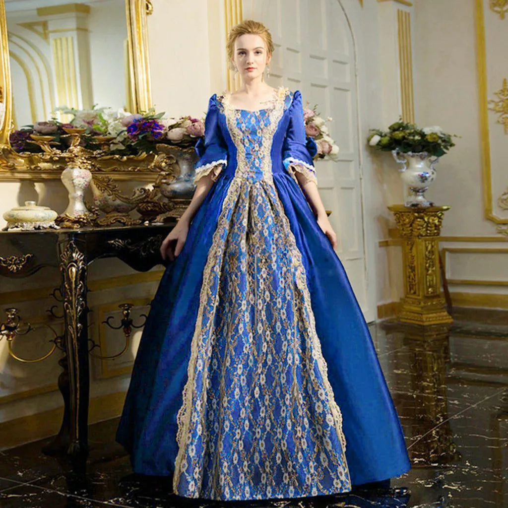 Elegant Temperament Palace Lace Princess Dress Women Medieval Lace Patchwork High Waist Court Dress