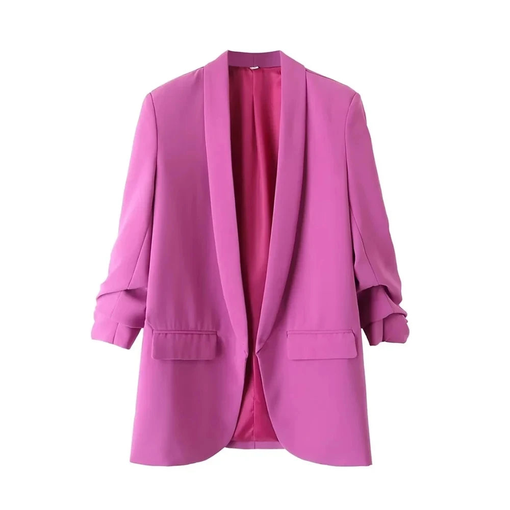 Fashion Office Wear Open Blazer  Vintage Long Pleated Sleeves Flap Pockets Female Outerwear Chic Tops