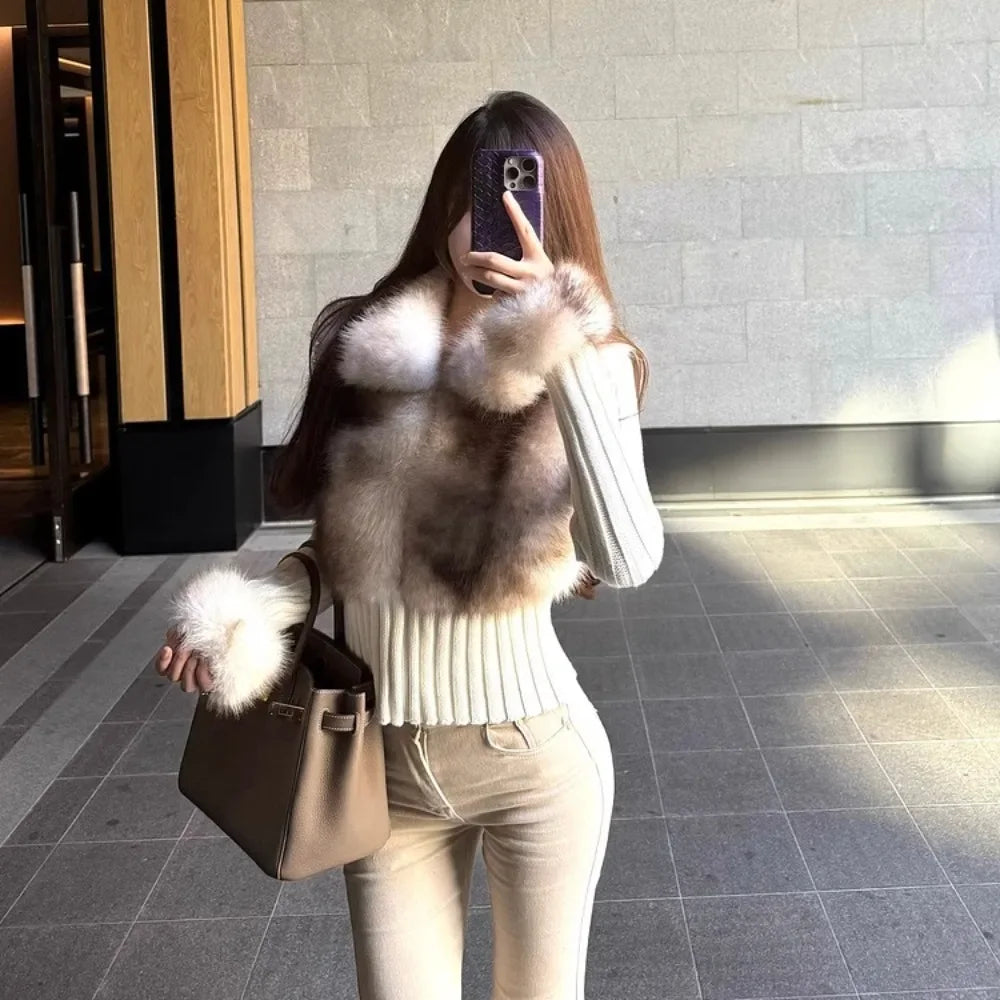 Faux Fur Sweater Crop Cardigan Designer Knitwear Knitted Sweater Women Long Sleeve Cuddly Full Zip Aesthetic Vintage