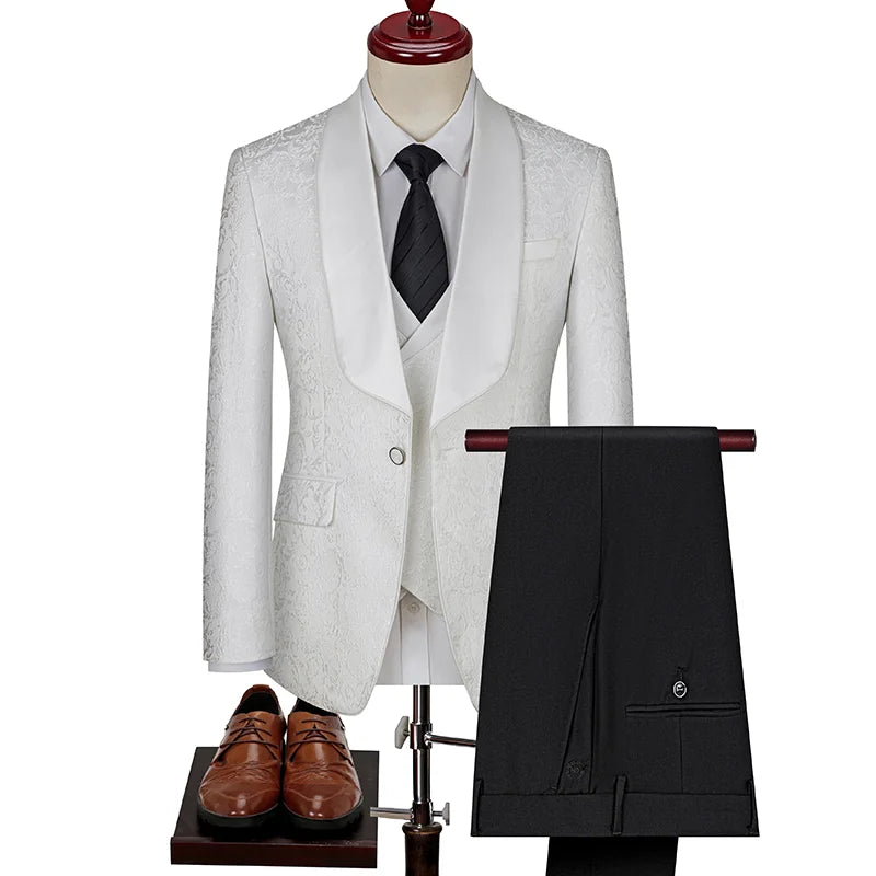 Men's British Style Business Casual Three-Piece Suit Vest Trousers High-Density Jacquard Wedding Prom