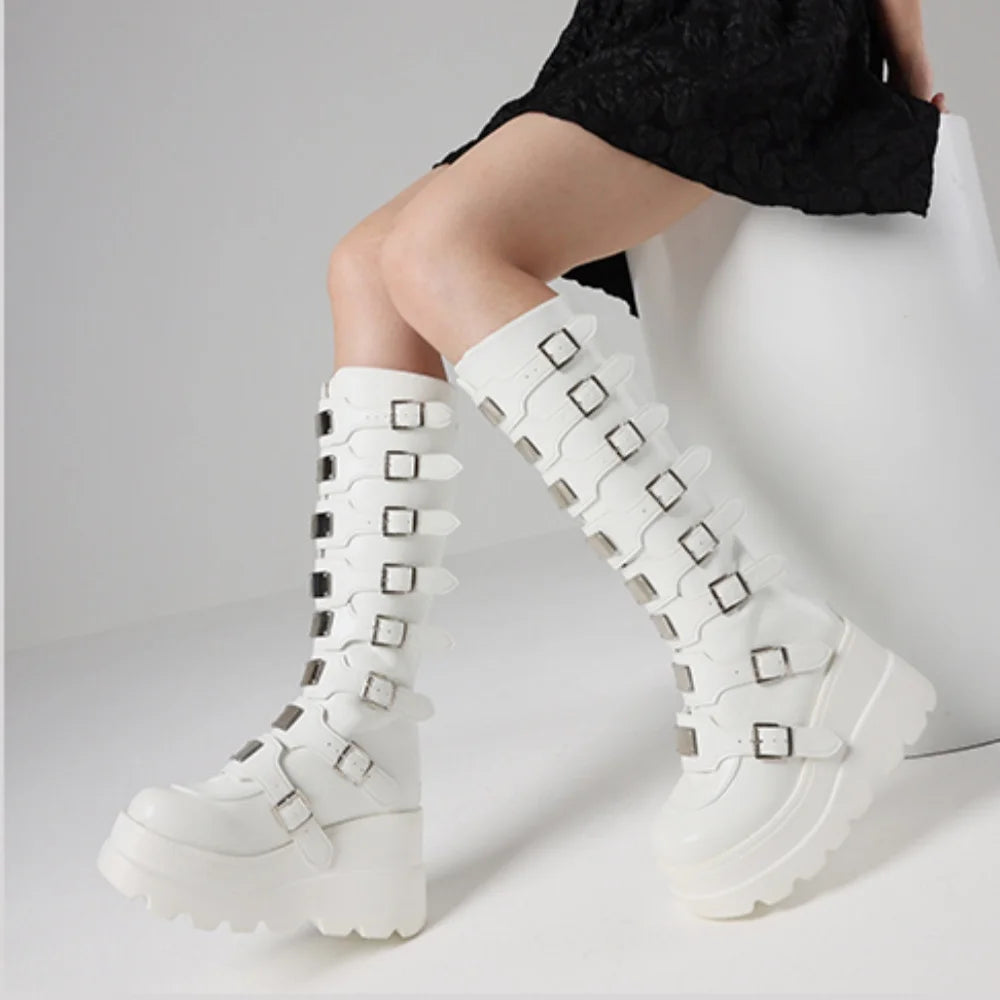 Goth Metal Buckle Combat Mid-Calf Boots For Women Round Toe Platform Chunky High Wedges