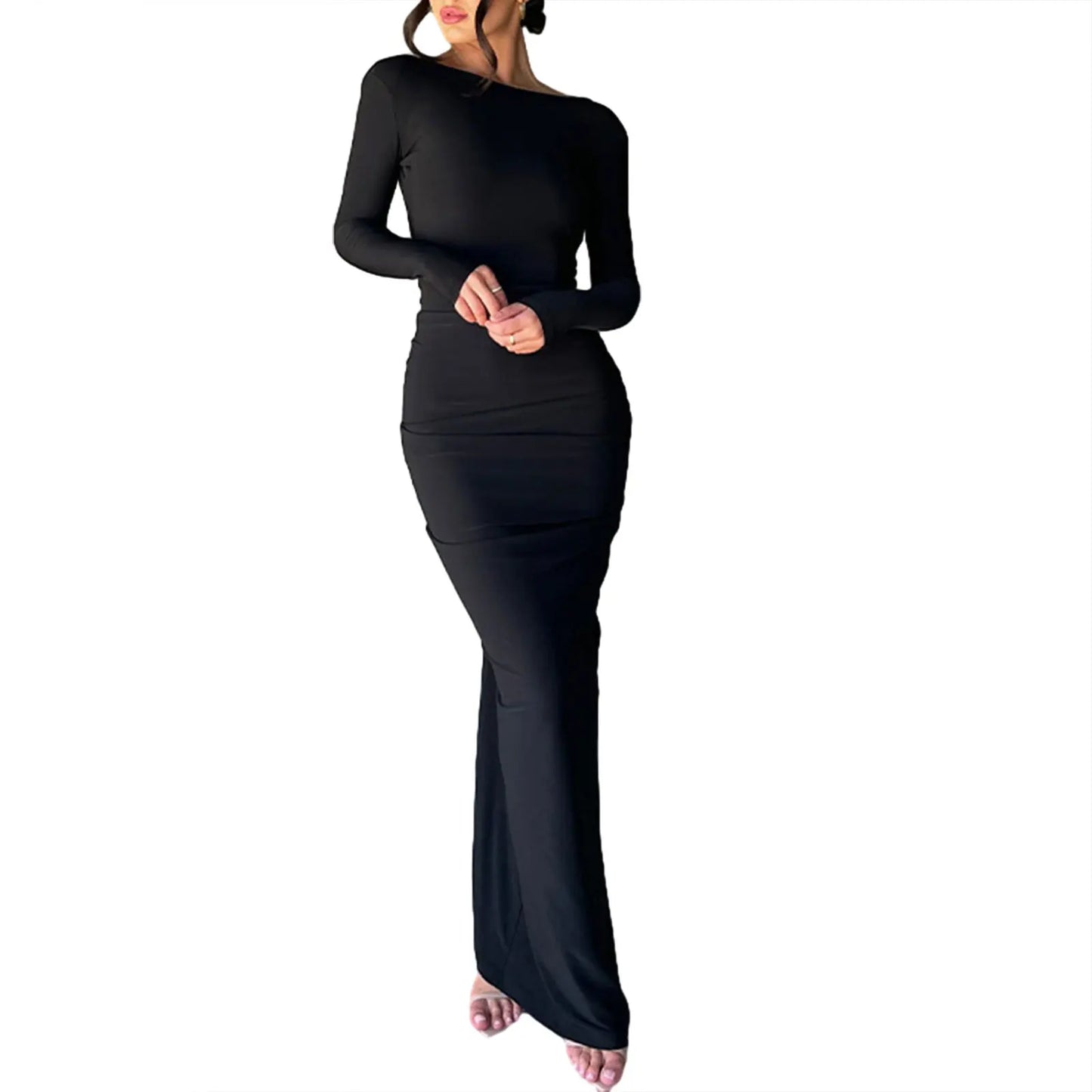 Long Bodycon Dress Solid Color Deep V-Neck Ruched Long Sleeve Dress