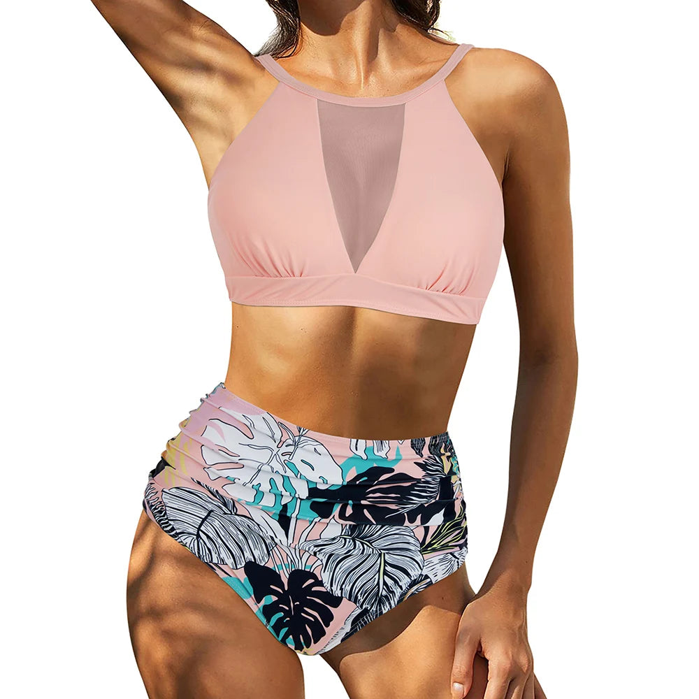 Print High-Waist Bikini Sets Swimsuit Women Sexy Lace Up Hollow Out Two Pieces Swimwear Beach Bathing Suits Women