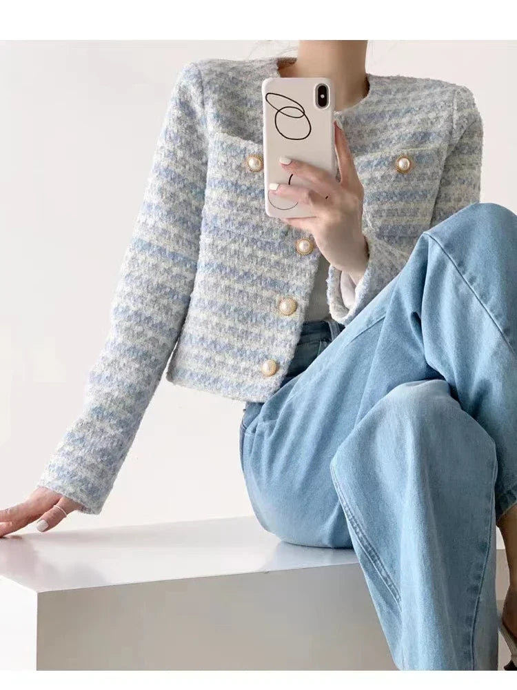 Women's Elegant Tweed Cardigan Short Coat With Pocket Single Breasted Jacket For Women Loose Outerwear