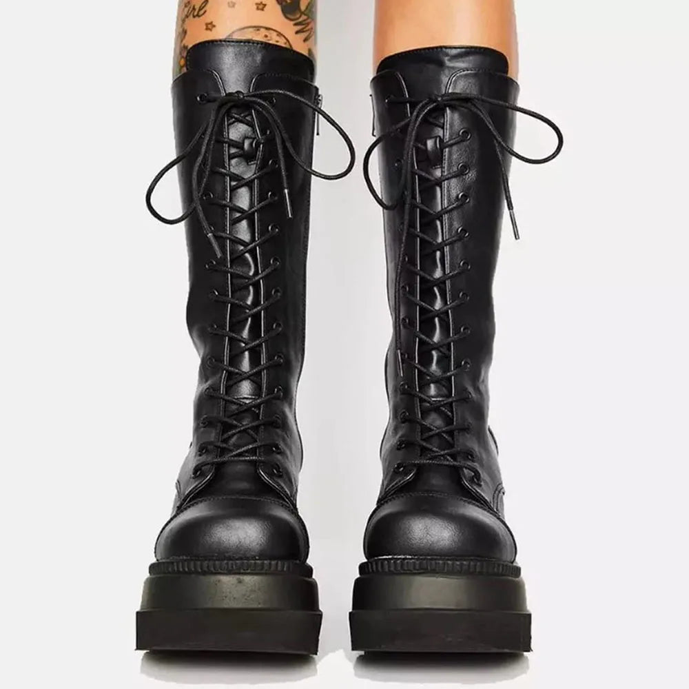 Gothic Fashion Round Toe Side Zipper Lace Up  Mid Calf Boots