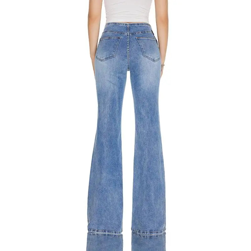Women High Rise Stretch Flared Jeans With Butterfly Embroidery Stylish-Mid Wash