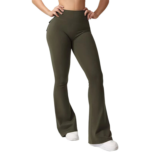 Cargo Yoga Pants High Waist Scrunch Butt Solid Color Flare Leggings Casual