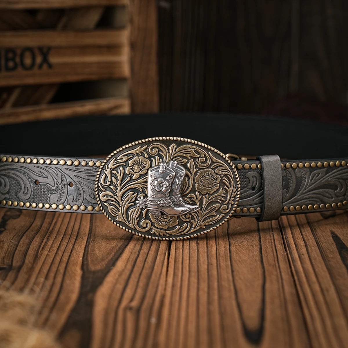 Men - Women - Western Denim - pu leather - Belt - Vintage jeans with floral carved boots buckle belt