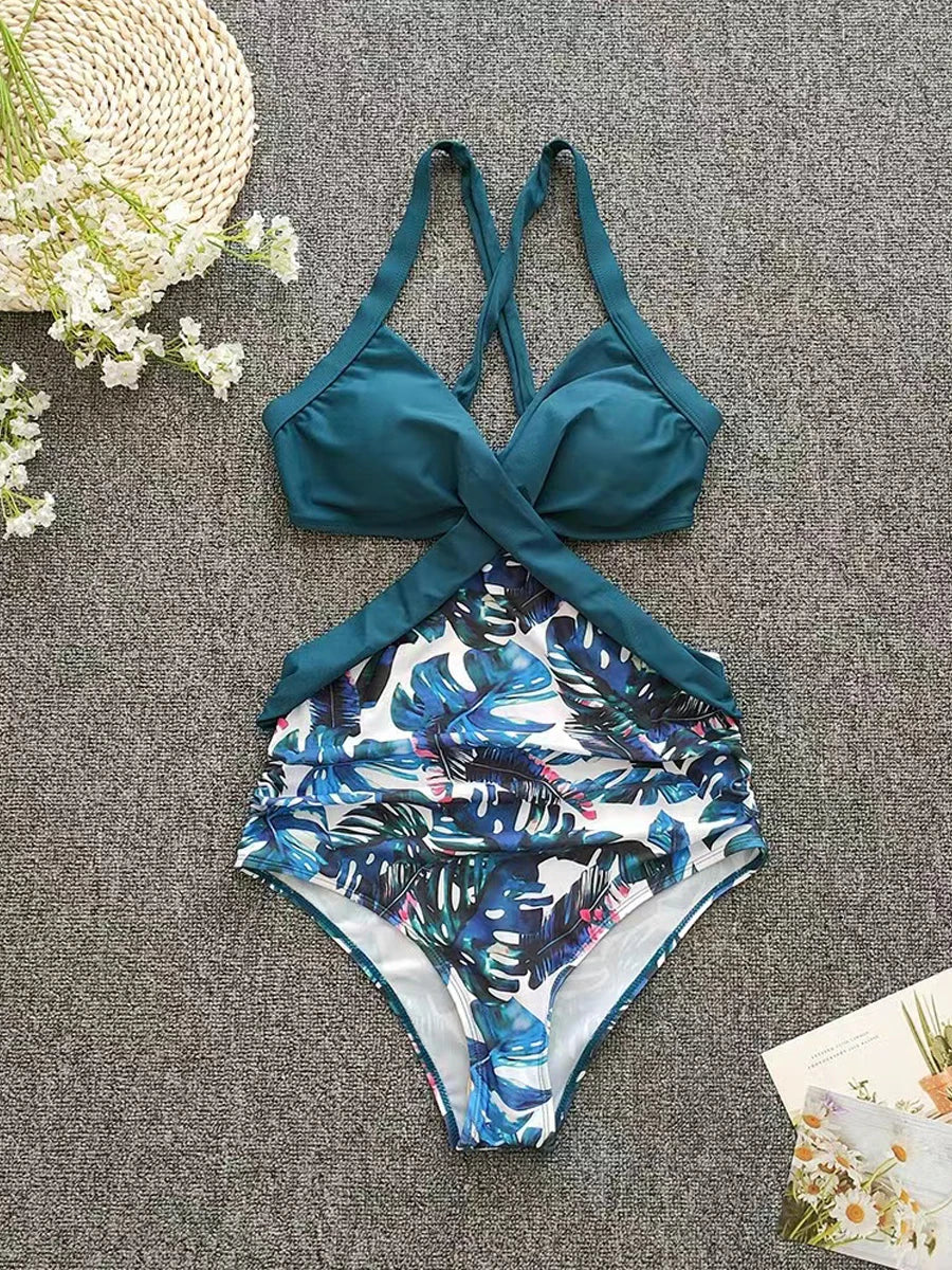 Solid Printed Swimwear Women Halter One Piece Swimsuit Female Swimming Monokini Suit Padded Beachwear